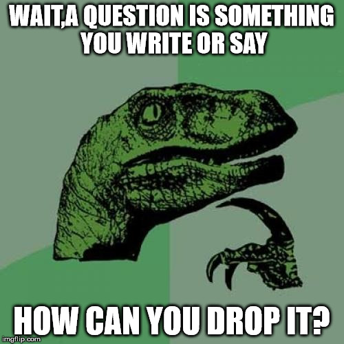Philosoraptor | WAIT,A QUESTION IS SOMETHING YOU WRITE OR SAY; HOW CAN YOU DROP IT? | image tagged in memes,philosoraptor | made w/ Imgflip meme maker