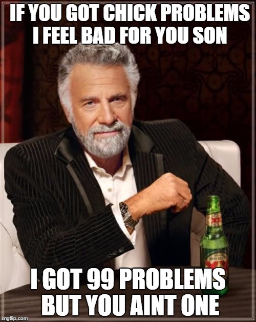 The Most Interesting Man In The World Meme | IF YOU GOT CHICK PROBLEMS I FEEL BAD FOR YOU SON; I GOT 99 PROBLEMS BUT YOU AINT ONE | image tagged in memes,the most interesting man in the world | made w/ Imgflip meme maker