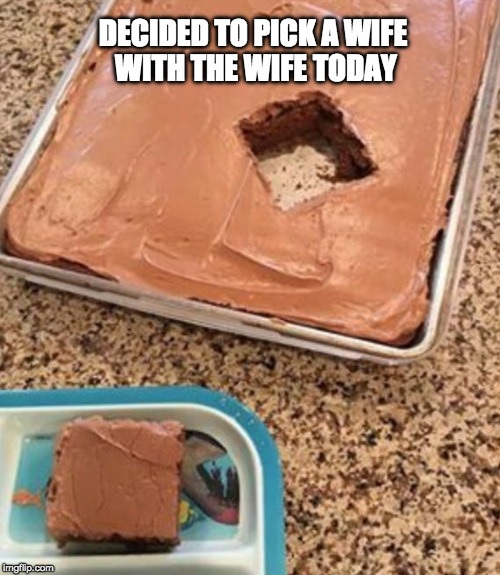 I couldn't think up a funny title | DECIDED TO PICK A WIFE WITH THE WIFE TODAY | image tagged in you're doing it wrong,brownies,bacon | made w/ Imgflip meme maker