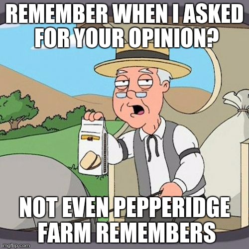 I DON'T CARE | REMEMBER WHEN I ASKED FOR YOUR OPINION? NOT EVEN PEPPERIDGE FARM REMEMBERS | image tagged in memes,pepperidge farm remembers | made w/ Imgflip meme maker