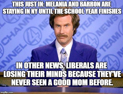 anchorman news update | THIS JUST IN: MELANIA AND BARRON ARE STAYING IN NY UNTIL THE SCHOOL YEAR FINISHES; IN OTHER NEWS, LIBERALS ARE LOSING THEIR MINDS BECAUSE THEY'VE NEVER SEEN A GOOD MOM BEFORE. | image tagged in anchorman news update | made w/ Imgflip meme maker