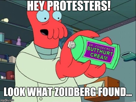 Yayy! Now zoidberg will be the popular one!!! | HEY PROTESTERS! LOOK WHAT ZOIDBERG FOUND... | image tagged in liberal,protesters,butthurt,zoidberg,hillary lost | made w/ Imgflip meme maker