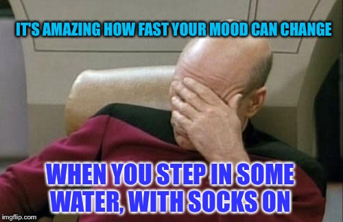 Captain Picard Facepalm Meme | IT'S AMAZING HOW FAST YOUR MOOD CAN CHANGE; WHEN YOU STEP IN SOME WATER, WITH SOCKS ON | image tagged in memes,captain picard facepalm | made w/ Imgflip meme maker