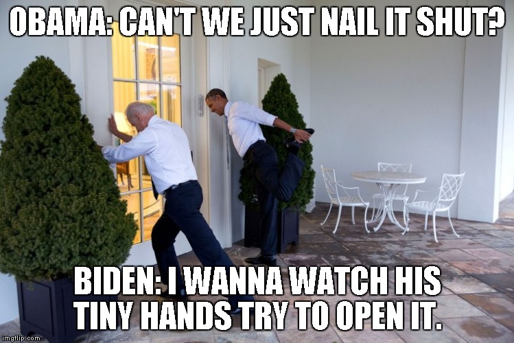 obama biden | OBAMA: CAN'T WE JUST NAIL IT SHUT? BIDEN: I WANNA WATCH HIS TINY HANDS TRY TO OPEN IT. | image tagged in obama biden | made w/ Imgflip meme maker