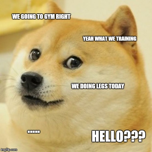 Doge Meme | WE GOING TO GYM RIGHT; YEAH WHAT WE TRAINING; WE DOING LEGS TODAY; ..... HELLO??? | image tagged in memes,doge | made w/ Imgflip meme maker