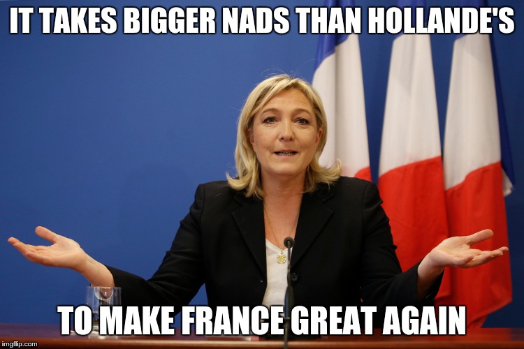 IT TAKES BIGGER NADS THAN HOLLANDE'S; TO MAKE FRANCE GREAT AGAIN | image tagged in le pen,frexit,eu,marine le pen | made w/ Imgflip meme maker