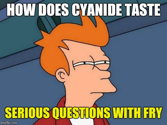 Futurama Fry Meme | HOW DOES CYANIDE TASTE; SERIOUS QUESTIONS WITH FRY | image tagged in memes,futurama fry | made w/ Imgflip meme maker