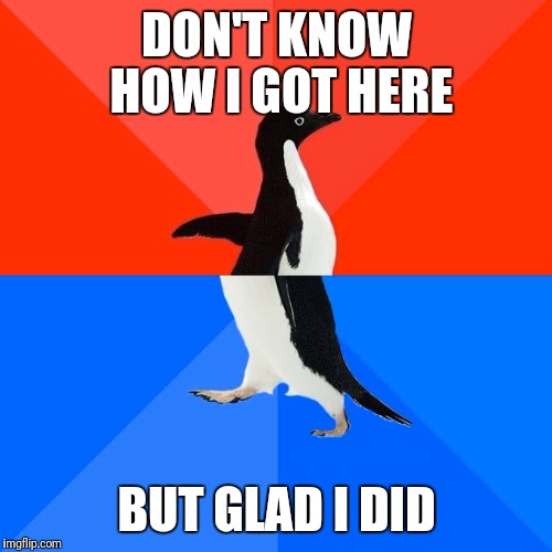 Socially Awesome Awkward Penguin Meme | DON'T KNOW HOW I GOT HERE BUT GLAD I DID | image tagged in memes,socially awesome awkward penguin | made w/ Imgflip meme maker