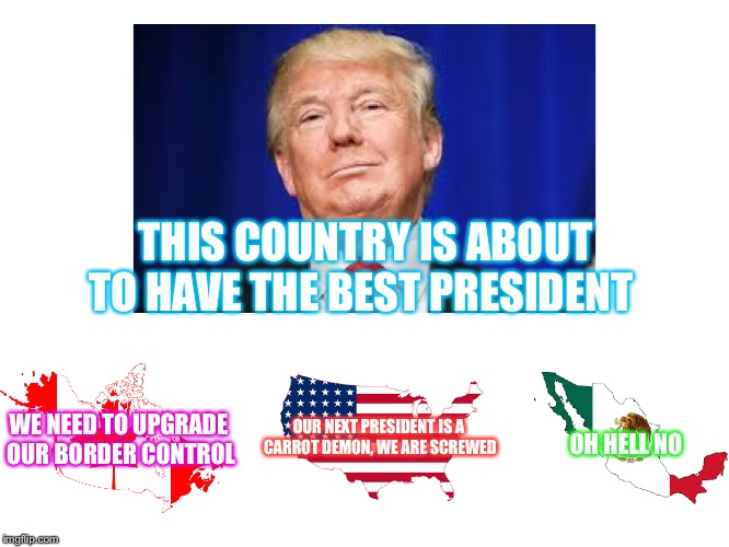 Let's See What North America Thinks | THIS COUNTRY IS ABOUT TO HAVE THE BEST PRESIDENT; WE NEED TO UPGRADE OUR BORDER CONTROL; OUR NEXT PRESIDENT IS A CARROT DEMON, WE ARE SCREWED; OH HELL NO | image tagged in canada,usa,mexico,trump | made w/ Imgflip meme maker