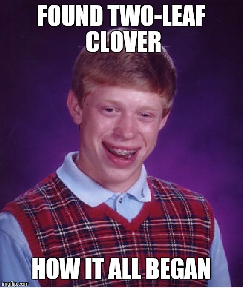 Bad Luck Brian Meme | FOUND TWO-LEAF CLOVER HOW IT ALL BEGAN | image tagged in memes,bad luck brian | made w/ Imgflip meme maker