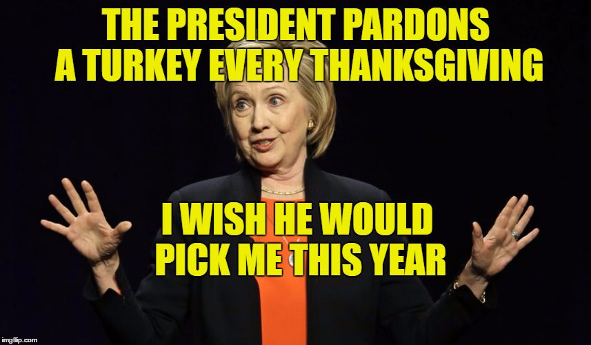 Hillary the Jail Bird | THE PRESIDENT PARDONS A TURKEY EVERY THANKSGIVING; I WISH HE WOULD PICK ME THIS YEAR | image tagged in hillary clinton,jail bird | made w/ Imgflip meme maker