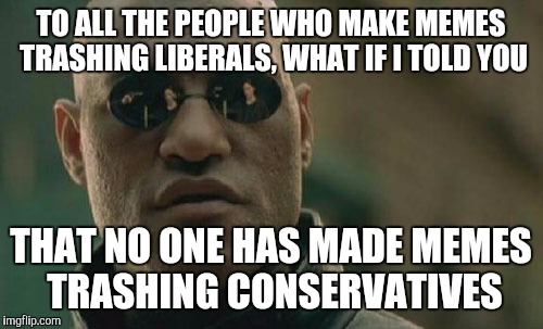 Not all conservatives are ignorant, so it's not fair to say that all liberals are ignorant. | TO ALL THE PEOPLE WHO MAKE MEMES TRASHING LIBERALS, WHAT IF I TOLD YOU; THAT NO ONE HAS MADE MEMES TRASHING CONSERVATIVES | image tagged in memes,matrix morpheus | made w/ Imgflip meme maker