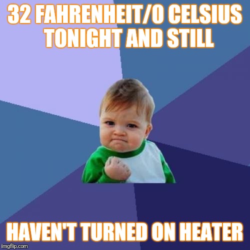 Non-American imgflipper friendly.  | 32 FAHRENHEIT/0 CELSIUS  TONIGHT AND STILL; HAVEN'T TURNED ON HEATER | image tagged in memes,success kid | made w/ Imgflip meme maker