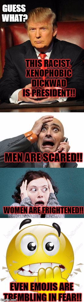 oH NO!!! | GUESS WHAT? THIS RACIST, XENOPHOBIC DICKWAD IS PRESIDENT!! MEN ARE SCARED!! WOMEN ARE FRIGHTENED!! EVEN EMOJIS ARE TREMBLING IN FEAR!! | image tagged in donald trump | made w/ Imgflip meme maker