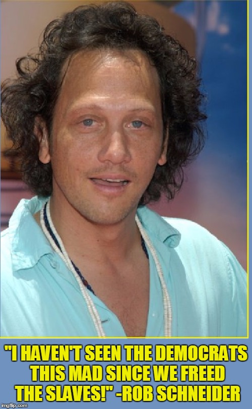 Rob Schneider on the 2016 Election | "I HAVEN'T SEEN THE DEMOCRATS THIS MAD SINCE WE FREED THE SLAVES!" -ROB SCHNEIDER | image tagged in rob schneider,vince vance,free the slaves,democrats,mad democrats | made w/ Imgflip meme maker