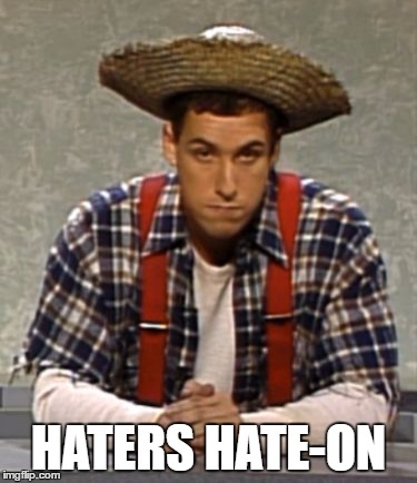 Adam Sandler: Cajun Man |  HATERS HATE-ON | image tagged in adam sandler cajun man,haters gonna hate | made w/ Imgflip meme maker
