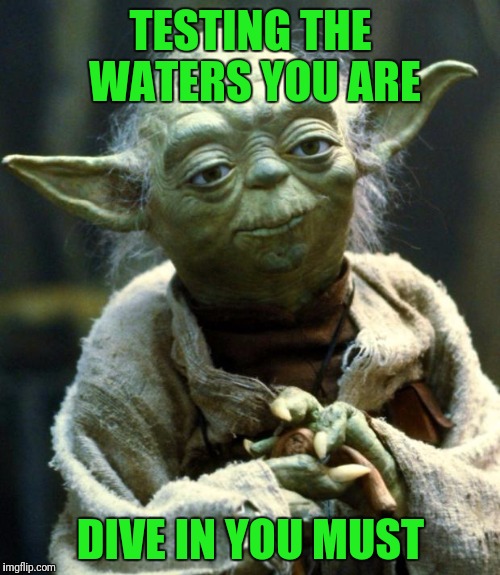 Star Wars Yoda Meme | TESTING THE WATERS YOU ARE DIVE IN YOU MUST | image tagged in memes,star wars yoda | made w/ Imgflip meme maker