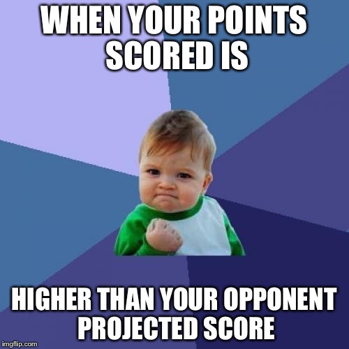 Success Kid Meme | WHEN YOUR POINTS SCORED IS; HIGHER THAN YOUR OPPONENT PROJECTED SCORE | image tagged in memes,success kid | made w/ Imgflip meme maker