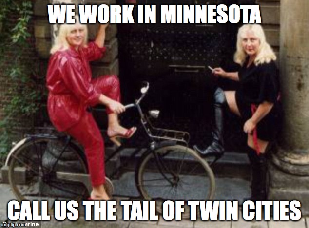 Ban Pun Hookers | WE WORK IN MINNESOTA; CALL US THE TAIL OF TWIN CITIES | image tagged in hooker,minnesota | made w/ Imgflip meme maker