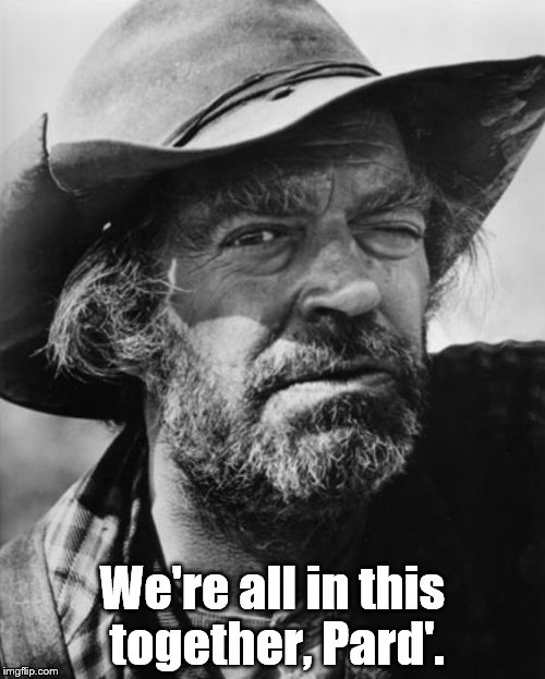 A face from the past, with a message from the past. Can't you just hear him sayin' it in your head? "We're all in this together" |  We're all in this together, Pard'. | image tagged in jack elam,we're all in this together,a word of wisdom | made w/ Imgflip meme maker