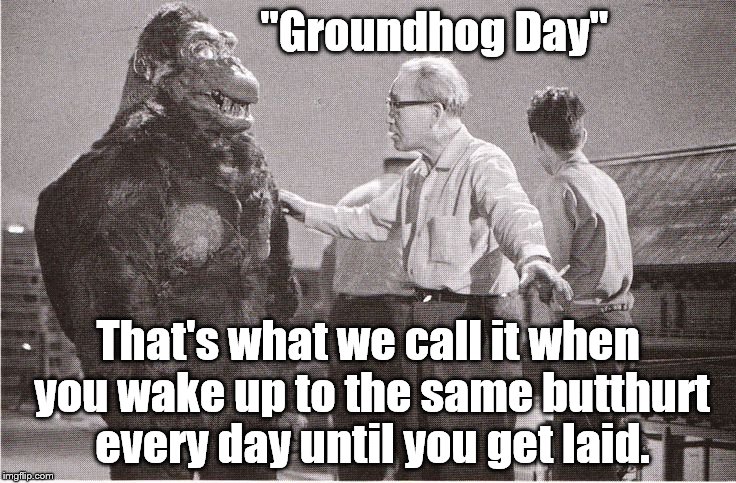 Ishii-san explaining the unending drama that is violent & inarticulate street protests over something that hasn't happened yet.  | "Groundhog Day"; That's what we call it when you wake up to the same butthurt every day until you get laid. | image tagged in kong with director,butthurt dweller,butthurt,groundhog day,it's groundhog day again,election 2016 | made w/ Imgflip meme maker