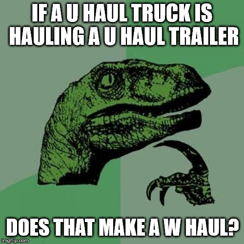 Philosoraptor | IF A U HAUL TRUCK IS HAULING A U HAUL TRAILER; DOES THAT MAKE A W HAUL? | image tagged in memes,philosoraptor | made w/ Imgflip meme maker
