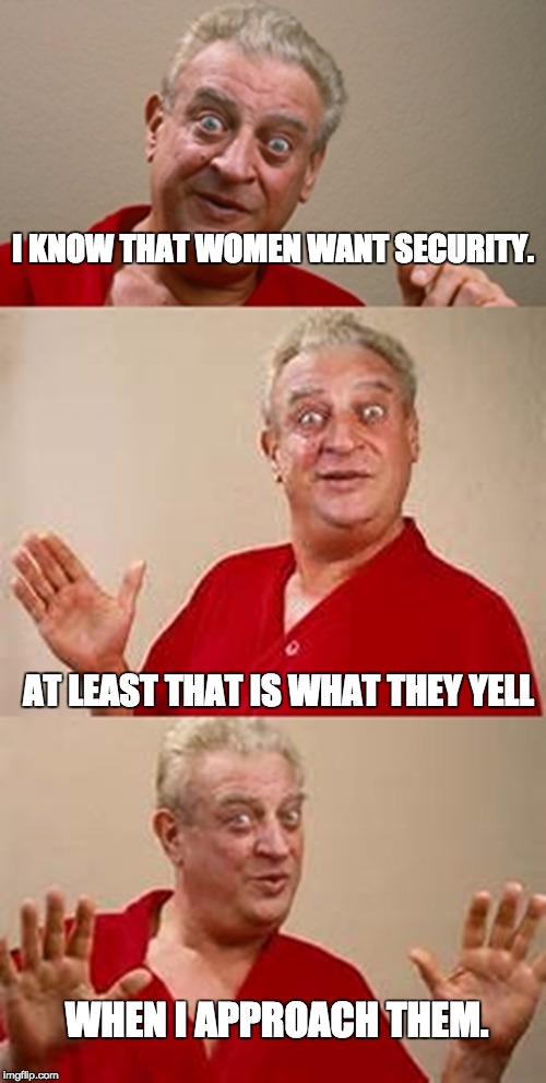 bad pun Dangerfield  | I KNOW THAT WOMEN WANT SECURITY. AT LEAST THAT IS WHAT THEY YELL; WHEN I APPROACH THEM. | image tagged in bad pun dangerfield | made w/ Imgflip meme maker