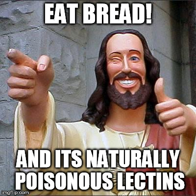 Eat bread, buddy! See you in hospital! | EAT BREAD! AND ITS NATURALLY POISONOUS LECTINS | image tagged in memes,buddy christ | made w/ Imgflip meme maker