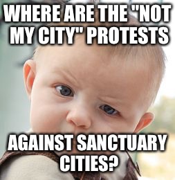 Skeptical Baby Meme | WHERE ARE THE "NOT MY CITY" PROTESTS; AGAINST SANCTUARY CITIES? | image tagged in memes,skeptical baby | made w/ Imgflip meme maker