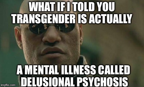 Matrix Morpheus Meme | WHAT IF I TOLD YOU TRANSGENDER IS ACTUALLY; A MENTAL ILLNESS CALLED DELUSIONAL PSYCHOSIS | image tagged in memes,matrix morpheus | made w/ Imgflip meme maker