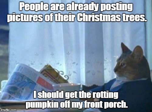 I Should Buy A Boat Cat Meme | People are already posting pictures of their Christmas trees. I should get the rotting pumpkin off my front porch. | image tagged in memes,i should buy a boat cat | made w/ Imgflip meme maker