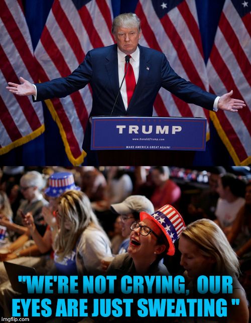 Eyes are just sweating | "WE'RE NOT CRYING,  OUR EYES ARE JUST SWEATING " | image tagged in donald trump,hillary clinton,crying,hillary supporters | made w/ Imgflip meme maker