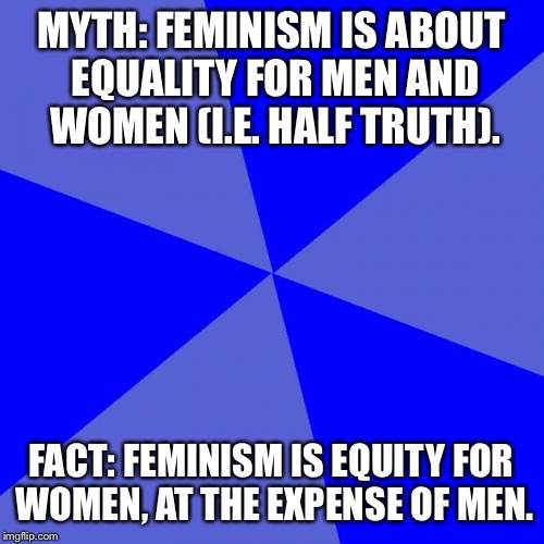 Blank Blue Background | MYTH: FEMINISM IS ABOUT EQUALITY FOR MEN AND WOMEN (I.E. HALF TRUTH). FACT: FEMINISM IS EQUITY FOR WOMEN, AT THE EXPENSE OF MEN. | image tagged in memes,blank blue background | made w/ Imgflip meme maker