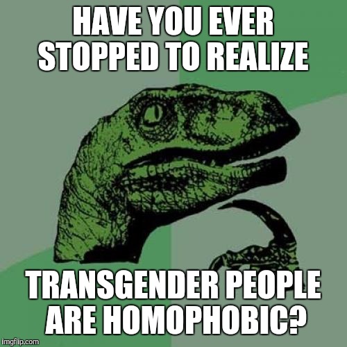 Philosoraptor | HAVE YOU EVER STOPPED TO REALIZE; TRANSGENDER PEOPLE ARE HOMOPHOBIC? | image tagged in memes,philosoraptor | made w/ Imgflip meme maker