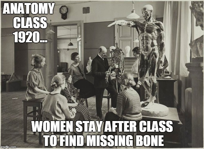 Anatomy Class 1920 | ANATOMY CLASS 1920... WOMEN STAY AFTER CLASS TO FIND MISSING BONE | image tagged in finding the bone,anatomy,vince vance,1920,where's the bone | made w/ Imgflip meme maker