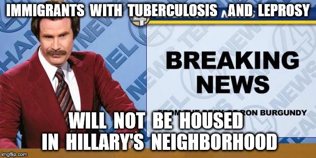 Breaking News | IMMIGRANTS  WITH  TUBERCULOSIS    AND  LEPROSY; WILL  NOT  BE  HOUSED  IN  HILLARY'S  NEIGHBORHOOD | image tagged in breaking news | made w/ Imgflip meme maker
