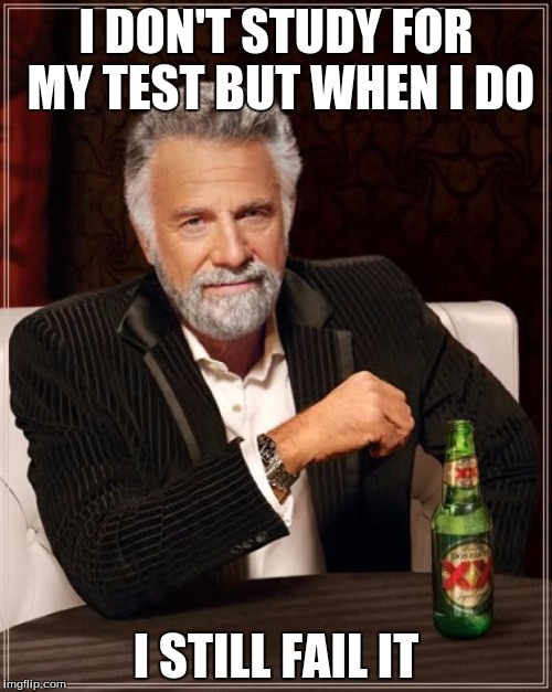 The Most Interesting Man In The World Meme | I DON'T STUDY FOR MY TEST BUT WHEN I DO; I STILL FAIL IT | image tagged in memes,the most interesting man in the world | made w/ Imgflip meme maker