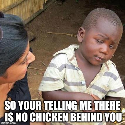 Third World Skeptical Kid Meme | SO YOUR TELLING ME THERE IS NO CHICKEN BEHIND YOU | image tagged in memes,third world skeptical kid | made w/ Imgflip meme maker
