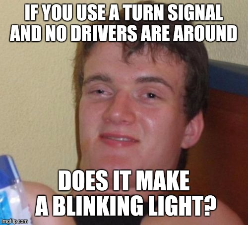 10 Guy Meme | IF YOU USE A TURN SIGNAL AND NO DRIVERS ARE AROUND; DOES IT MAKE A BLINKING LIGHT? | image tagged in memes,10 guy | made w/ Imgflip meme maker