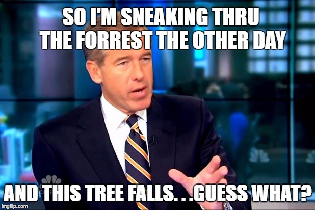 SO I'M SNEAKING THRU THE FORREST THE OTHER DAY AND THIS TREE FALLS. . .GUESS WHAT? | made w/ Imgflip meme maker