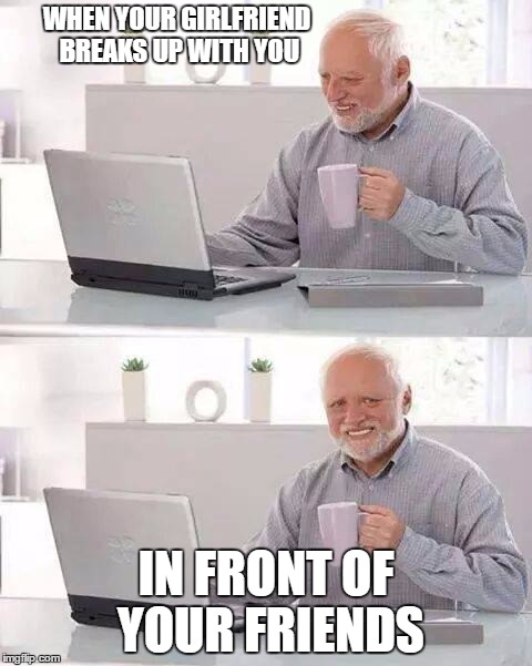 Hide the Pain Harold Meme | WHEN YOUR GIRLFRIEND BREAKS UP WITH YOU; IN FRONT OF YOUR FRIENDS | image tagged in memes,hide the pain harold | made w/ Imgflip meme maker