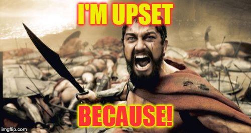 Sparta Leonidas Meme | I'M UPSET BECAUSE! | image tagged in memes,sparta leonidas | made w/ Imgflip meme maker