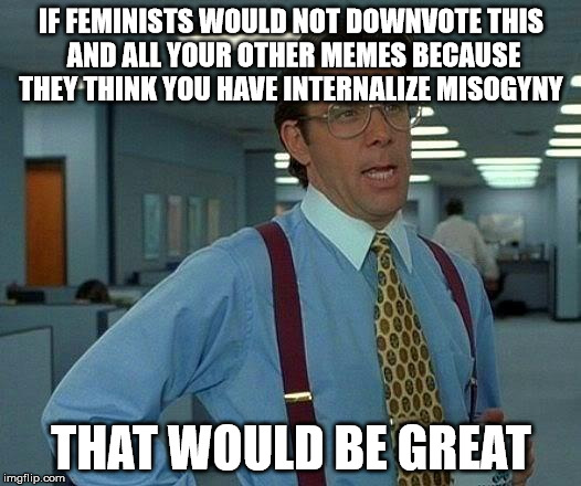 That Would Be Great Meme | IF FEMINISTS WOULD NOT DOWNVOTE THIS AND ALL YOUR OTHER MEMES BECAUSE THEY THINK YOU HAVE INTERNALIZE MISOGYNY THAT WOULD BE GREAT | image tagged in memes,that would be great | made w/ Imgflip meme maker