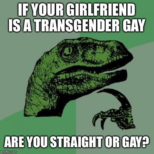 Me | IF YOUR GIRLFRIEND IS A TRANSGENDER GAY; ARE YOU STRAIGHT OR GAY? | image tagged in memes,philosoraptor,transgender,gay,girlfriend | made w/ Imgflip meme maker