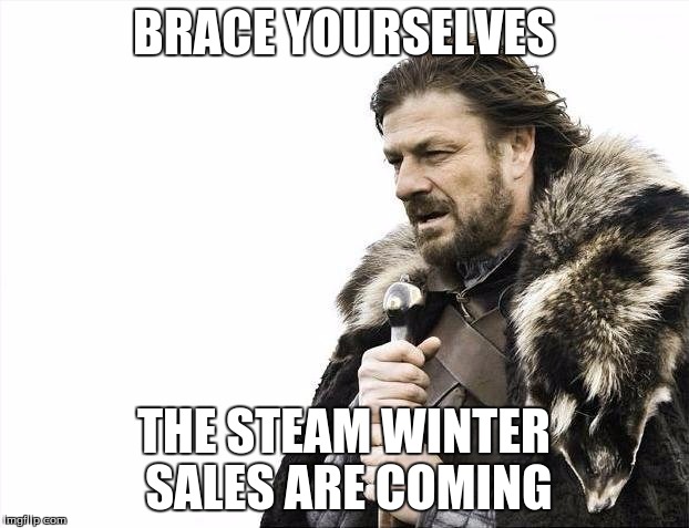 Brace Yourselves X is Coming | BRACE YOURSELVES; THE STEAM WINTER SALES ARE COMING | image tagged in memes,brace yourselves x is coming | made w/ Imgflip meme maker