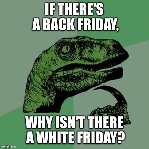 Philosoraptor Meme | IF THERE'S A BACK FRIDAY, WHY ISN'T THERE A WHITE FRIDAY? | image tagged in memes,philosoraptor | made w/ Imgflip meme maker