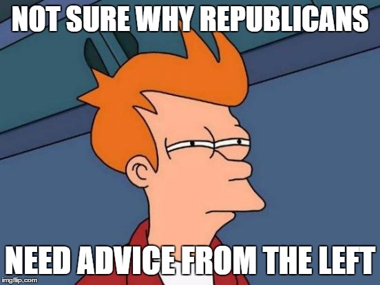 Futurama Fry Meme | NOT SURE WHY REPUBLICANS NEED ADVICE FROM THE LEFT | image tagged in memes,futurama fry | made w/ Imgflip meme maker