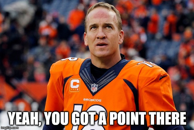 Peyton Manning Thinking Hard | YEAH, YOU GOT A POINT THERE | image tagged in peyton manning thinking hard | made w/ Imgflip meme maker