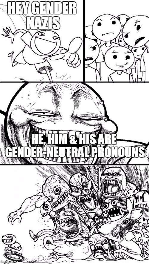 Hey Internet Meme | HEY GENDER NAZIS; HE, HIM & HIS ARE GENDER-NEUTRAL PRONOUNS | image tagged in memes,hey internet | made w/ Imgflip meme maker