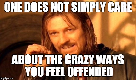 One Does Not Simply | ONE DOES NOT SIMPLY CARE; ABOUT THE CRAZY WAYS YOU FEEL OFFENDED | image tagged in memes,one does not simply | made w/ Imgflip meme maker